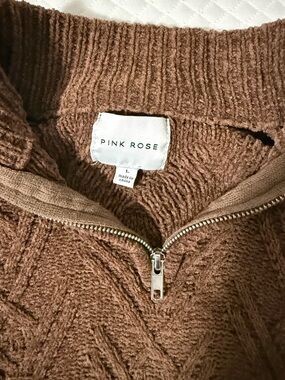 Pink Rose Brown Cable-Knit Half-Zip Turtleneck Sweater